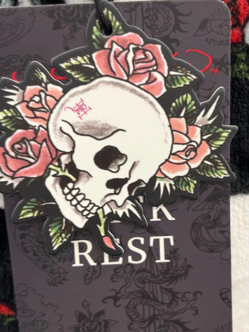 Ed Hardy B&W Checkered Skull Pillow w/ Red Roses - Back & Neck support